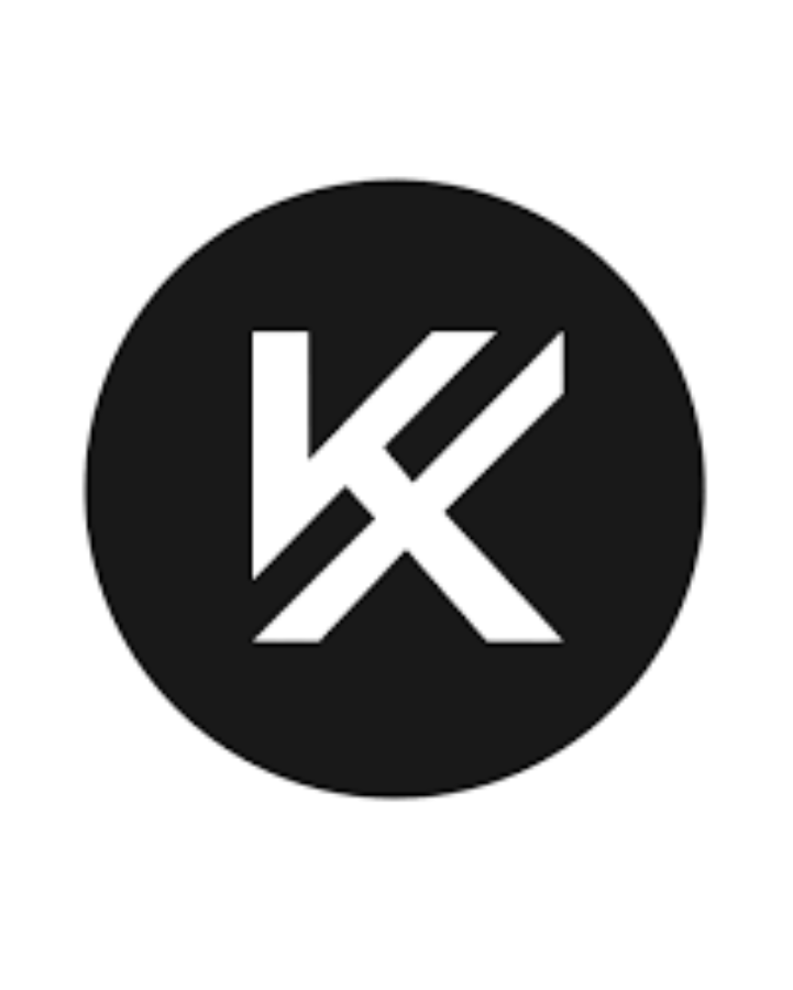 Black circle with a white logo in the center on a white background